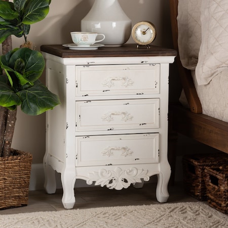 Baxton Studio Levron Traditional Walnut Brown and Antique White Finished Wood 3-Drawer Nightstand 194-11953-ZORO